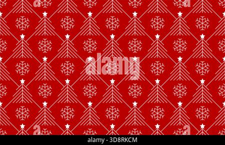 Seamless vector white linear geometric winter Christmas tree and snowflakes pattern on red background. Star, spruces and snow flakes design wrapping p Stock Vector
