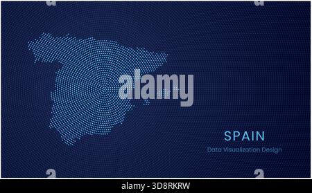 Spain stylized dotted map in modern circular data tech visualization concept. Stock Vector