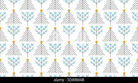 Seamless vector linear geometric winter trees pattern. Gray line golden star on Christmas tree art deco background. Spruces and blue leaves trees desi Stock Vector