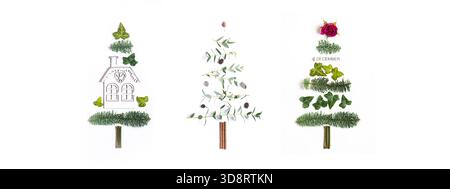 Banner. Three creative Christmas trees made from natural materials isolated on white background. Green Christmas concept and copy space. flat lay, top Stock Photo