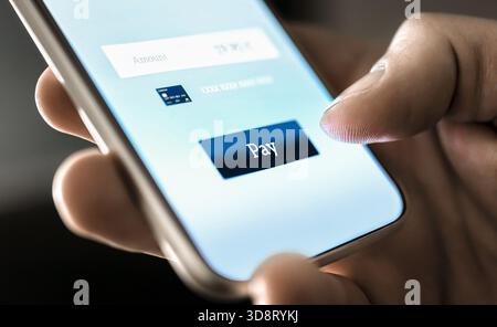 Payment. Pay with wallet in mobile app. E money transfer with phone. Easy smartphone bank service. Card purchase online. Safe secure technology. Stock Photo