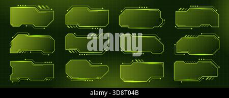 Futuristic hud frames vector set. Abstract science text box hologram borders, sci-fi yellow labels. Digital screen panels, user interface ui elements, high tech modern information titles, callout bars Stock Vector