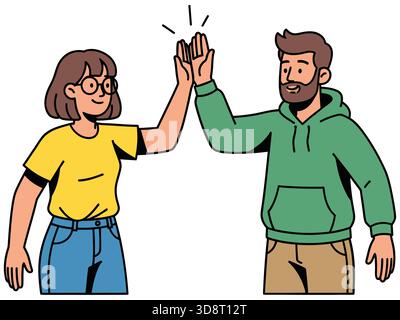 Dynamic duo celebrates success with high five in playful illustration style for teamwork concept Stock Vector