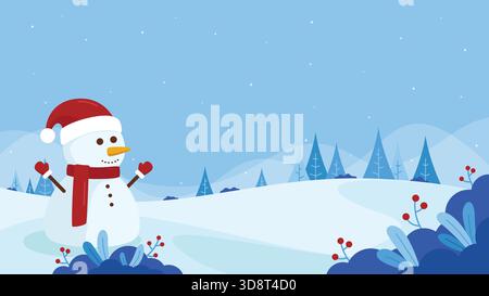 Winter landscape flat illustration featuring a smiling snowman in red Santa hat and mittens standing on a snow hill with pine trees and blue sky Stock Vector