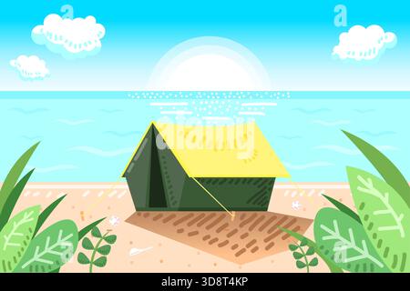 Summer seascape with tent on beach and leaf foreground, sunrise on blue sky background. Stock Vector