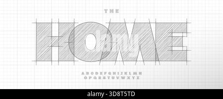 Technical Draw Font Logo Alphabet Vector Sketch Bold Heavy Letters Set Modern Architect Typography, Creative Typographic Design for Architectural Stock Vector
