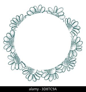 Round frame with daisy flowers. Vector round frame with flowers in line art style. Trendy colors used. Botanical illustration. Stock Photo