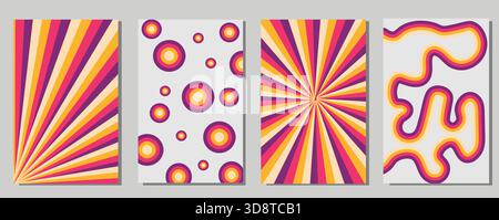 Retro Abstract Geometric Poster Set in Vibrant Pink, Orange and Yellow – Vintage Sunburst, Circle Pattern and Wavy Line Background Designs for Wall Stock Vector