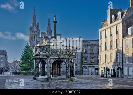Aberdeen Scotland Castlegate the Christmas Tree Clock Towers and Mercat Cross Stock Photo