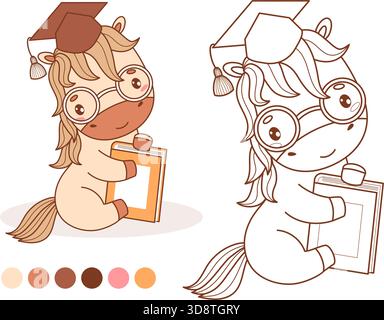 Cute Pony in graduation cap and glasses with book set. Funny cartoon kawaii Horse animal. Isolated Outline and Color drawing. Coloring Book. Vector il Stock Vector