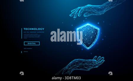 Cyber security concept. Digital shield protected by hands  Stock Vector
