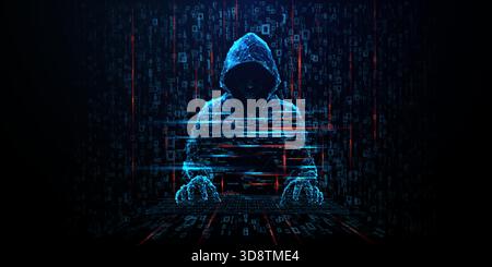 Digital hacker silhouette emerges from Matrix-style binary code bg Stock Vector
