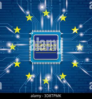 Microchip Processor Lights EU Chips Act Flag Processor with bits, EU flag and text European Chips Act. Stock Photo