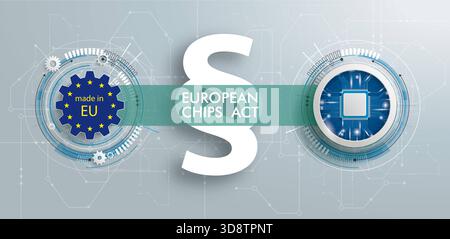 EU Chips Act Microchip Gear Grey Circuit Board Banner Banner with grey circuit board, EU-Flag and text European Chips Act. Stock Photo