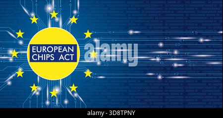Microchip Processor Lights European Chips Act Header A digital blue background with the text European Chips Act. Stock Photo