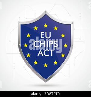 Protection Shield EU Chips Act Blue protection shield with a flag of the EU and text EU Chips Act. Stock Photo