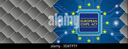 Rhombus Protection Shield Microchip EU Chips Act Header White rhombuses with digital circuit board, microchip an the text EU Chips ACT. Stock Photo