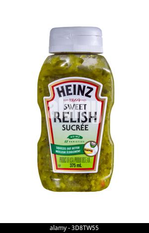 A plastic squeezy bottle of Heinz Sweet Relish, produceed for the Canadian market.  With a bilingual label. Stock Photo