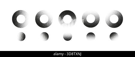 Set of grainy stipple circle shapes with halftone texture. Abstract round elements for retro design, gradients, noise effects, backgrounds, and Stock Vector
