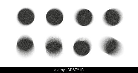 Set of grainy stipple circles with soft halftone noise and gradient fade. Abstract round textures for retro designs, shading, overlays, graphic Stock Vector