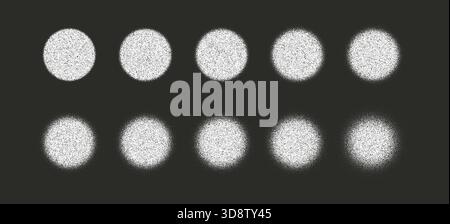 Set of grainy stipple circles with soft halftone noise and gradient fade. Abstract round textures for retro designs, shading, overlays, backgrounds Stock Vector