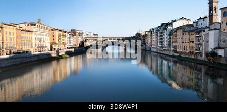 The Ponte Vecchio over river Arno in Florence Italy, big tourist place now shops sell jewelery ,a crossing from Roman times.only bridge left after WW2 Stock Photo