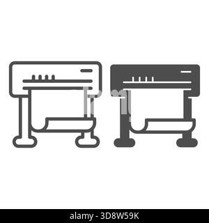 Inkjet plotter with paper line and solid icon, architect studio concept. Vector graphics. Photo placard, banner, poster printer sign on white backgrou Stock Vector