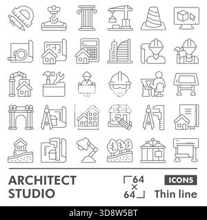 Architect studio symbols collection or sketches. construction theme in thin line style signs for web and app. Vector graphics isolated on white backgr Stock Vector