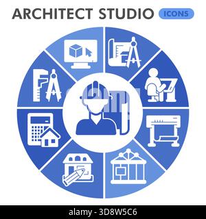 Architect studio symbols collection or sketches. construction theme diagram pie in glyph style signs for web and app. Vector graphics isolated on whit Stock Vector