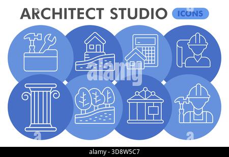 Architect studio symbols collection or sketches. construction theme bubbles in line style signs for web and app. Vector graphics isolated on white bac Stock Vector