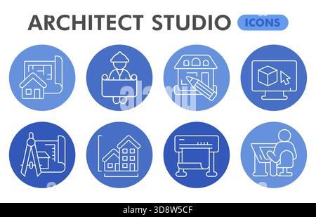 Architect studio symbols collection or sketches. construction theme bubbles in line style signs for web and app. Vector graphics isolated on white bac Stock Vector