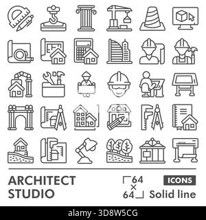 Architect studio symbols collection or sketches. construction theme in line style signs for web and app. Vector graphics isolated on white background. Stock Vector