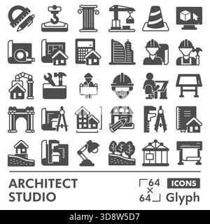 Architect studio symbols collection or sketches. construction theme in glyph style signs for web and app. Vector graphics isolated on white background Stock Vector