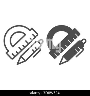 Protractor ruler and pen line and solid icon, architect studio concept. Vector graphics. Ruler tool with pen sign on white background, outline style i Stock Vector