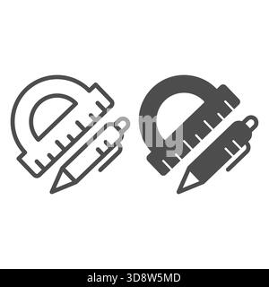Protractor ruler and pen line and solid icon, architect studio concept. Vector graphics. Ruler tool with pen sign on white background, style icon mobi Stock Vector