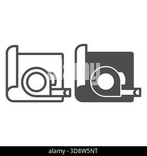 Project paper and measuring tape line and solid icon, architect studio concept. Vector graphics. Ruler reel with project plan sign on white background Stock Vector