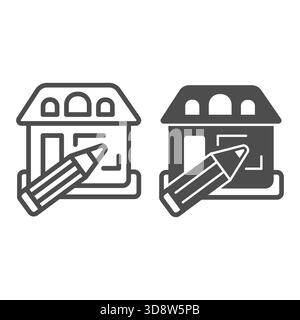 Home house design and pencil line and solid icon, architect studio concept. Vector graphics. Cottage building project drawing sign on white background Stock Vector