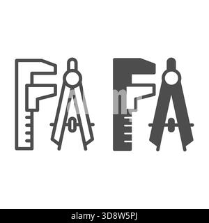 Caliper and drawing compass line and solid icon, architect studio concept. Vector graphics. Project design drawing tools sign on white background, sty Stock Vector