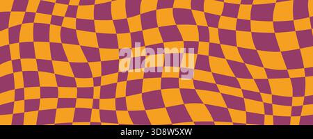 Wavy checkered background with orange and purple distorted squares in abstract Halloween style. Wavy checkered pattern with flowing retro geometry Stock Vector