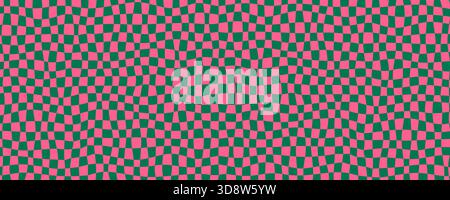 Groovy pattern background with pink and green checker waves in retro style. Checkered background with distorted squares and smooth flow. Vector Stock Vector
