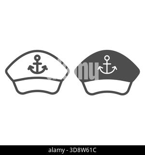 Captain cap with anchor line and solid icon, marine port concept. Vector graphics. Commander hat, headwear sign on white background, style icon mobile Stock Vector
