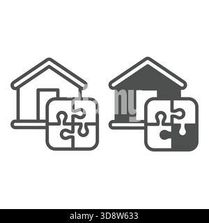 Home house and puzzle line and solid icon, remote work concept. Vector graphics. Cottage building with puzzle piece, logic game sign on white backgrou Stock Vector