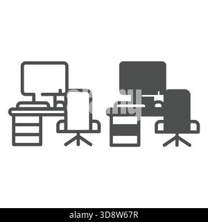 Desk with chair and desktop line and solid icon, remote work concept. Vector graphics. Personal workplace with computer sign on white background, outl Stock Vector