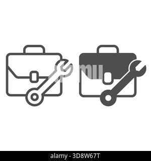Briefcase with wrench line and solid icon, repair service concept. Vector graphics. Mechanic case, portfolio bag sign on white background, outline sty Stock Vector