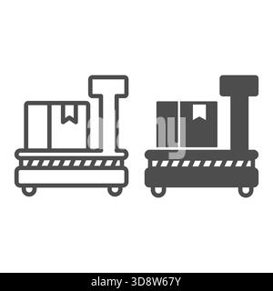 Scales for cargo box line and solid icon, delivery service concept. Vector graphics. Weigh scales with cardboard box sign on white background, style i Stock Vector
