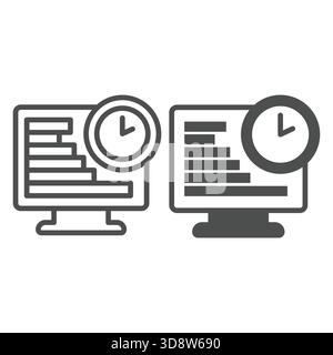 Monitor screen with chart and clock line and solid icon, remote work concept. Vector graphics. Market job, task schedule display sign on white backgro Stock Vector