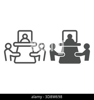 Team conference with online user line and solid icon, remote work concept. Vector graphics. Online meeting of people sign on white background, outline Stock Vector
