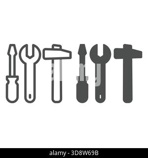 Screwdriver with wrench and hammer line and solid icon, repair service concept. Vector graphics. Repair tools sign on white background, outline style Stock Vector