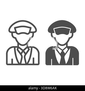 Captain man with hat line and solid icon, marine port concept. Vector graphics. Sea ship commander sign on white background, style icon mobile or web Stock Vector