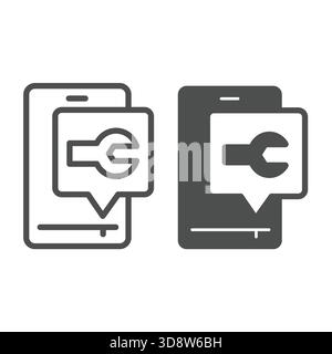 Smartphone with wrench popup window line and solid icon, repair service concept. Vector graphics. Phone with repairman message sign on white backgroun Stock Vector